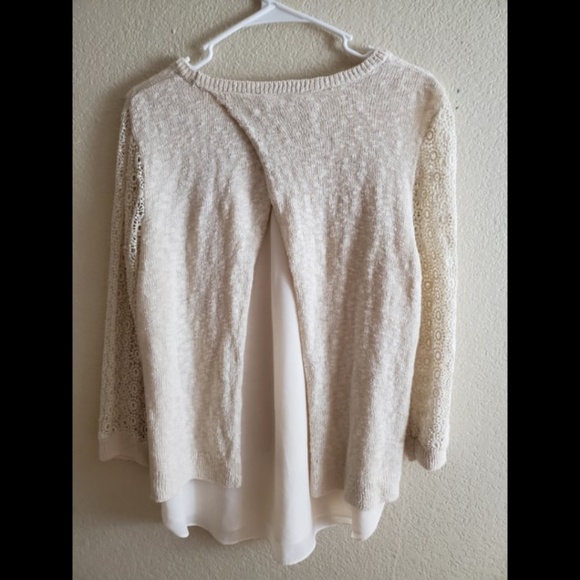 Lucky Brand Ivory Lace Chiffon Split Back Sweater - Picture 3 of 5